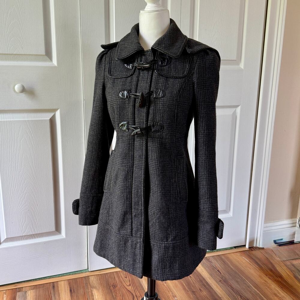 GUESS Jeans Women S Gray Gl3n Plaid Wool Blend Hooded Toggle Duffle Coat Y2K